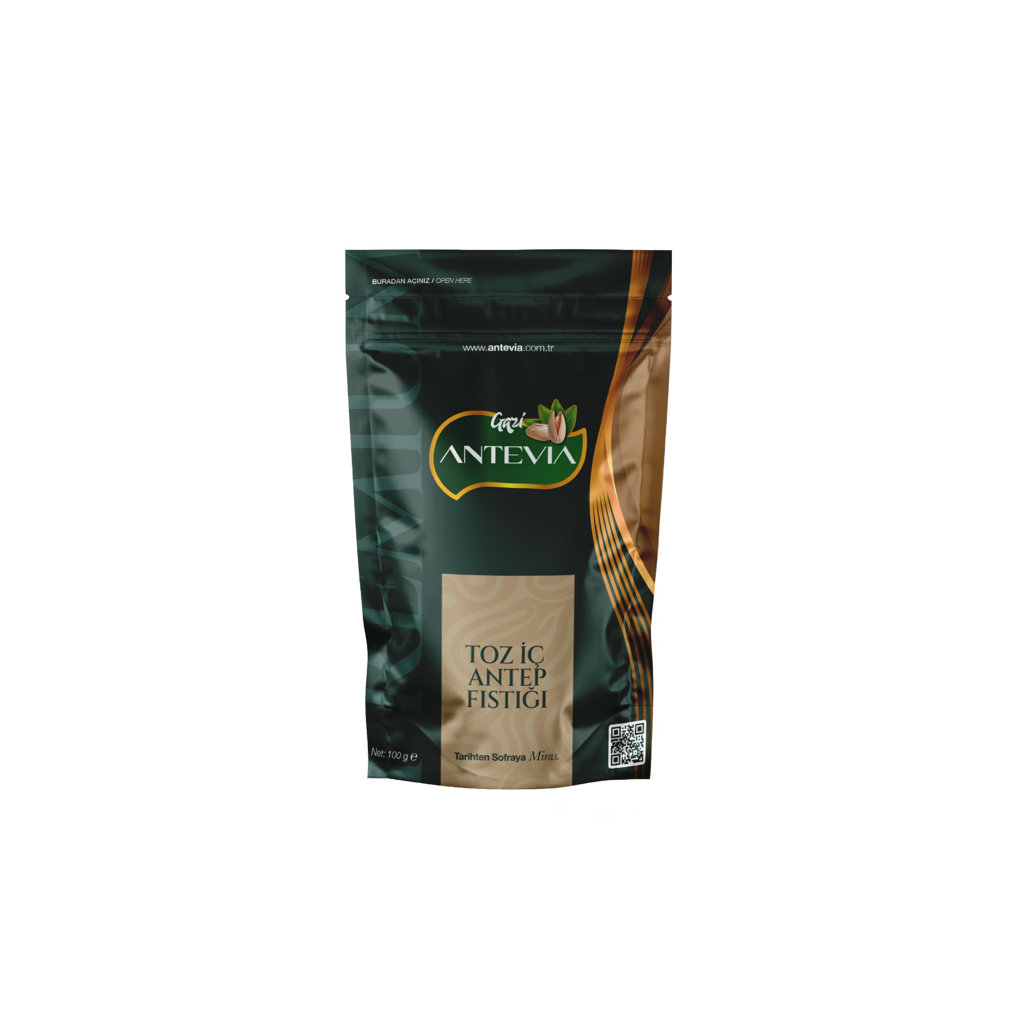 Antevia Toz İç Antep Fıstığı 100 g ürün ambalajı
