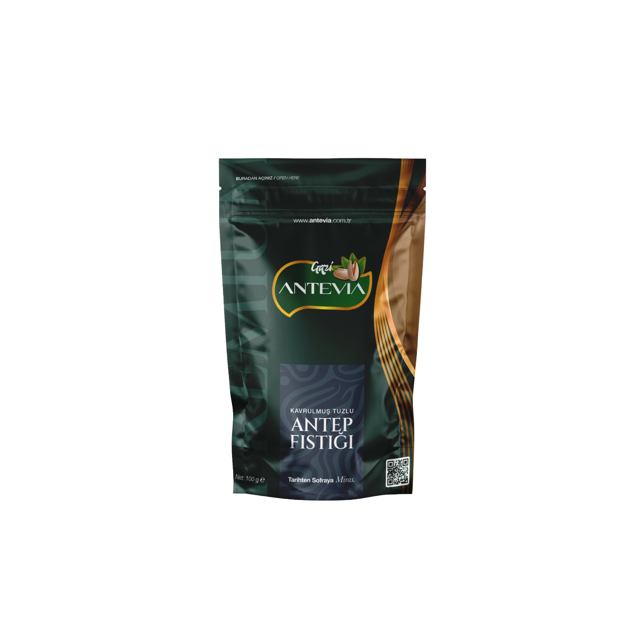 Antevia Kavrulmuş Tuzlu Antep Fıstığı 100 g ürün ambalajı
